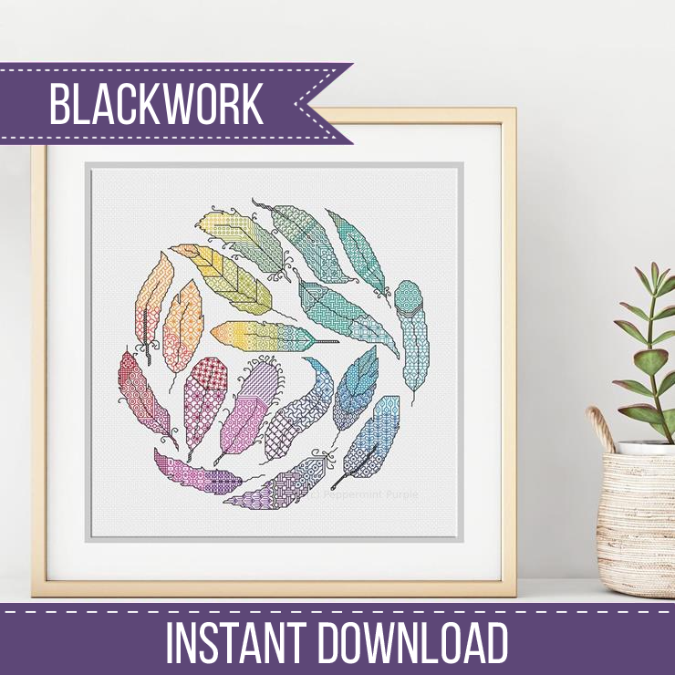 Rainbow Feathers Blackwork Pattern by Peppermint Purple