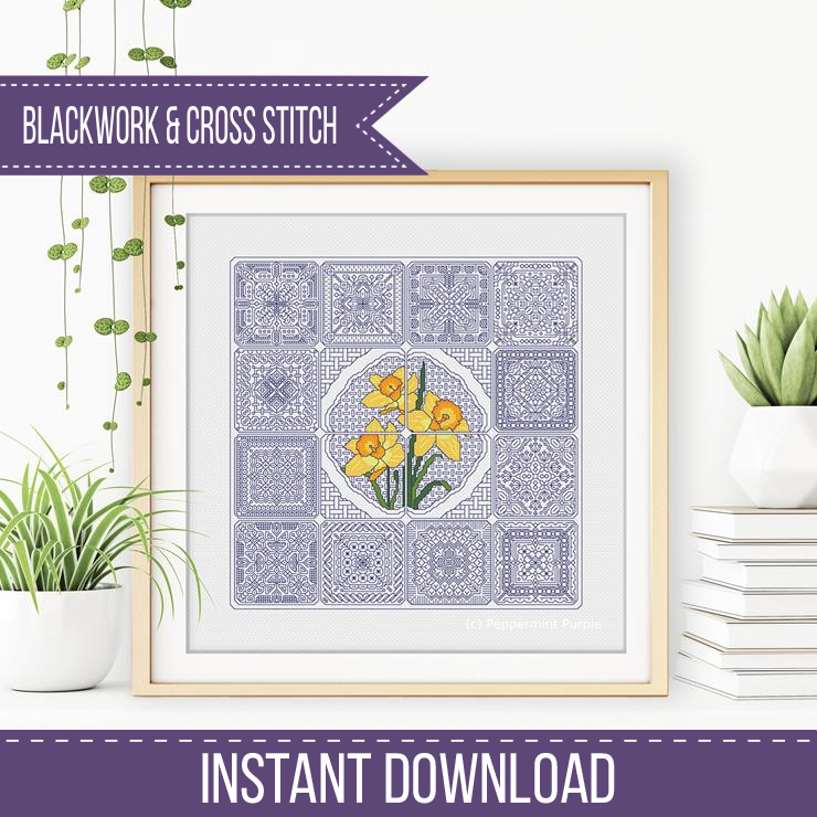 Dutch Tiles - Daffodils Blackwork Pattern by Peppermint Purple