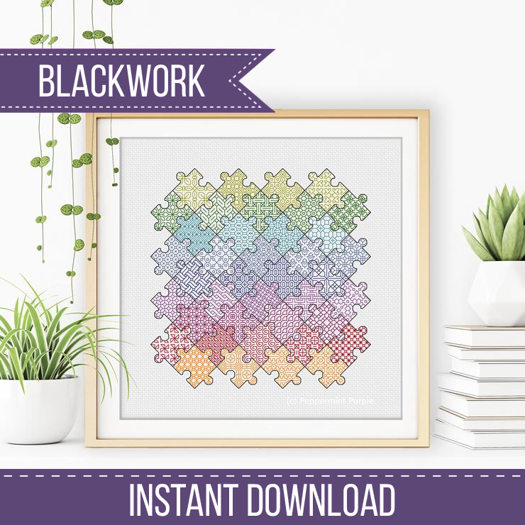 Jigsaw Puzzle Blackwork Blackwork Pattern by Peppermint Purple