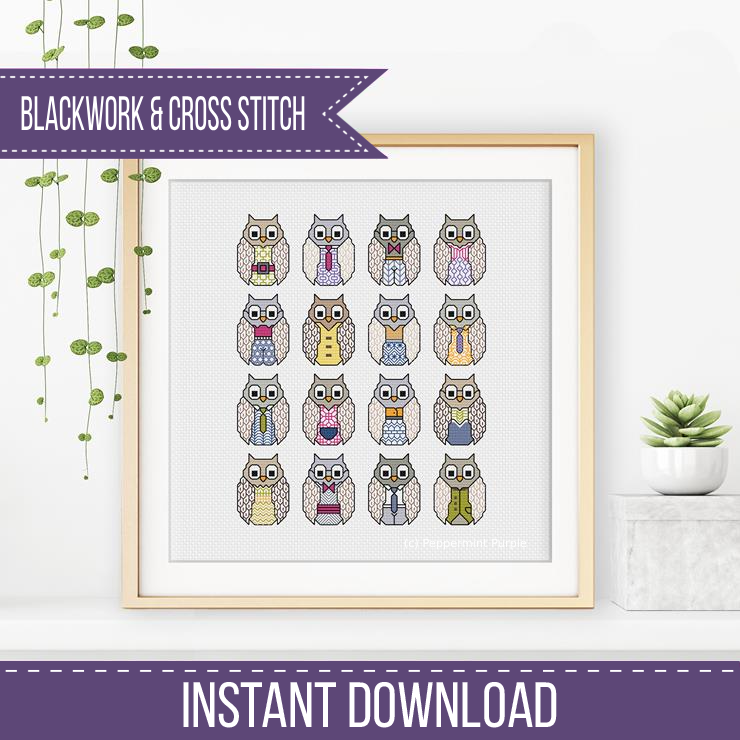 Blackwork Dressed Owls Blackwork Pattern by Peppermint Purple