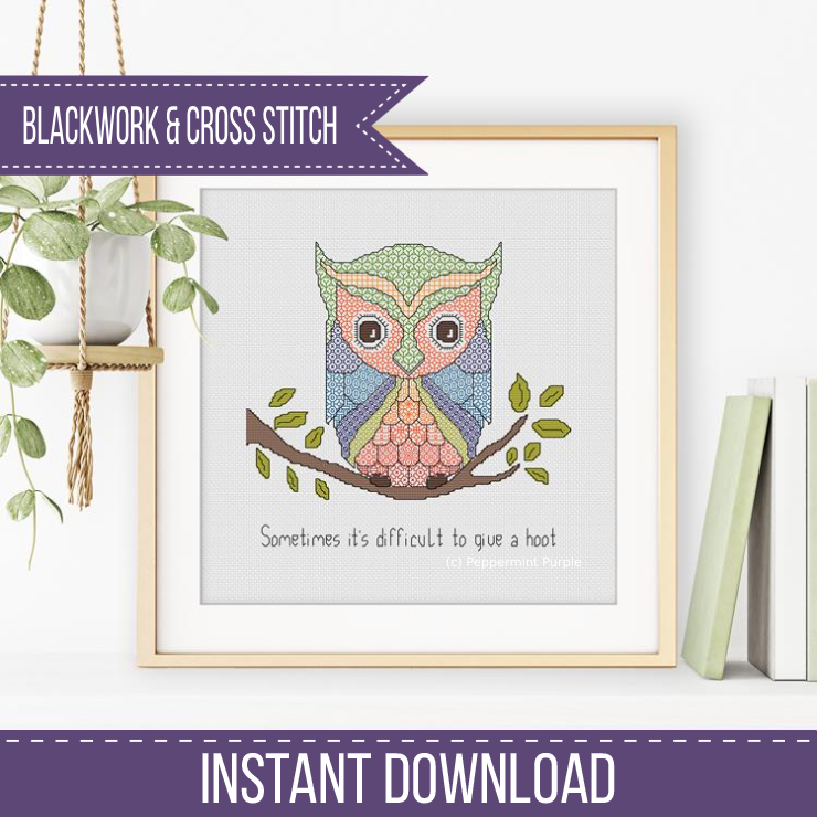 Give a Hoot Blackwork Owl Blackwork Pattern by Peppermint Purple