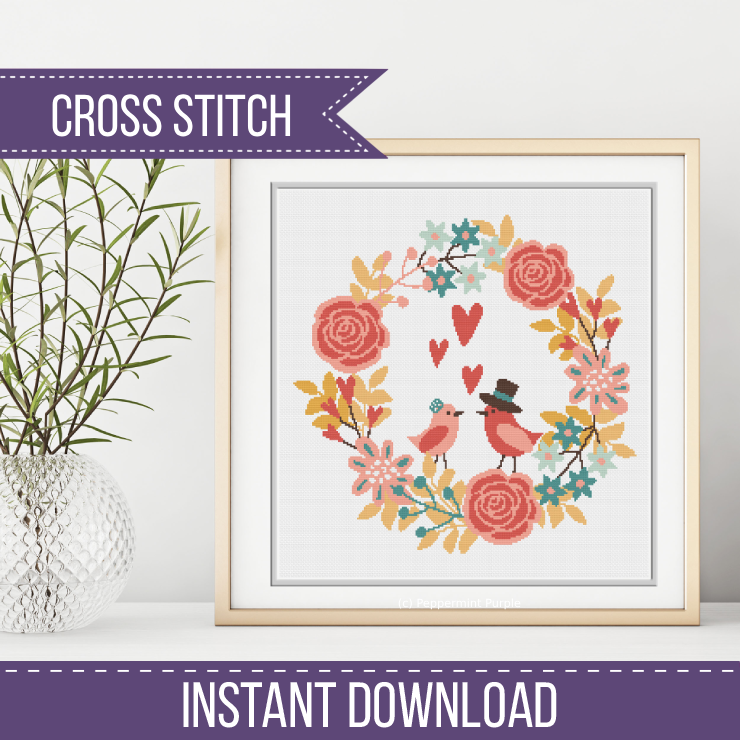 Love Birds Wreath Pattern Cross Stitch Pattern by Peppermint Purple