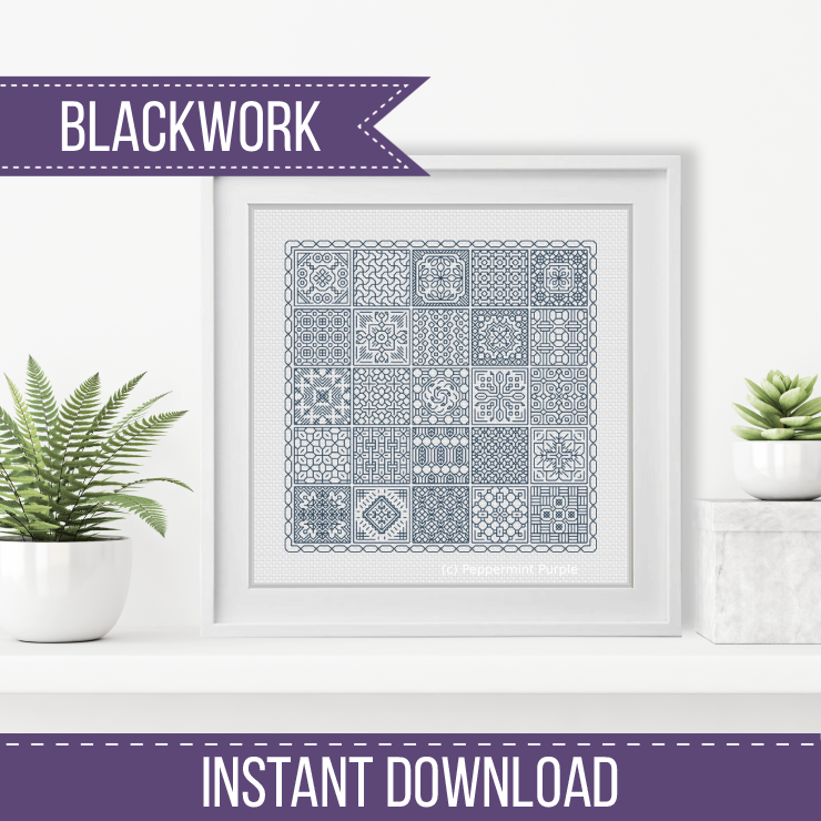 Relax in Antique Blue Blackwork Blackwork Pattern by Peppermint Purple