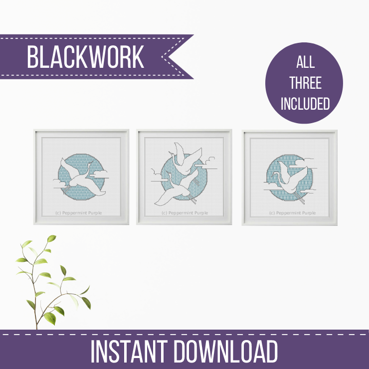 The Cranes - 3 designs Blackwork Pattern by Peppermint Purple
