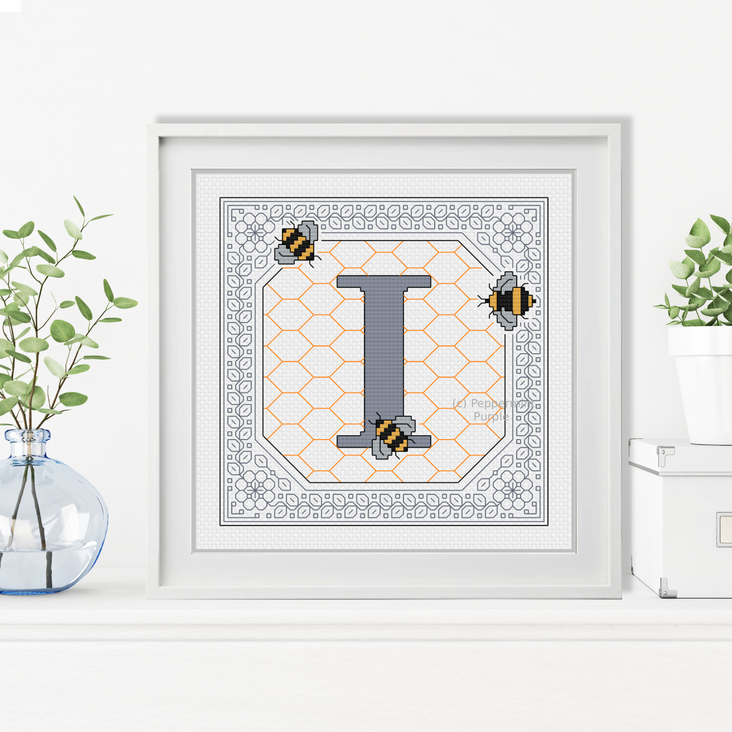 Bumble Bee Letters Blackwork Pattern by Peppermint Purple