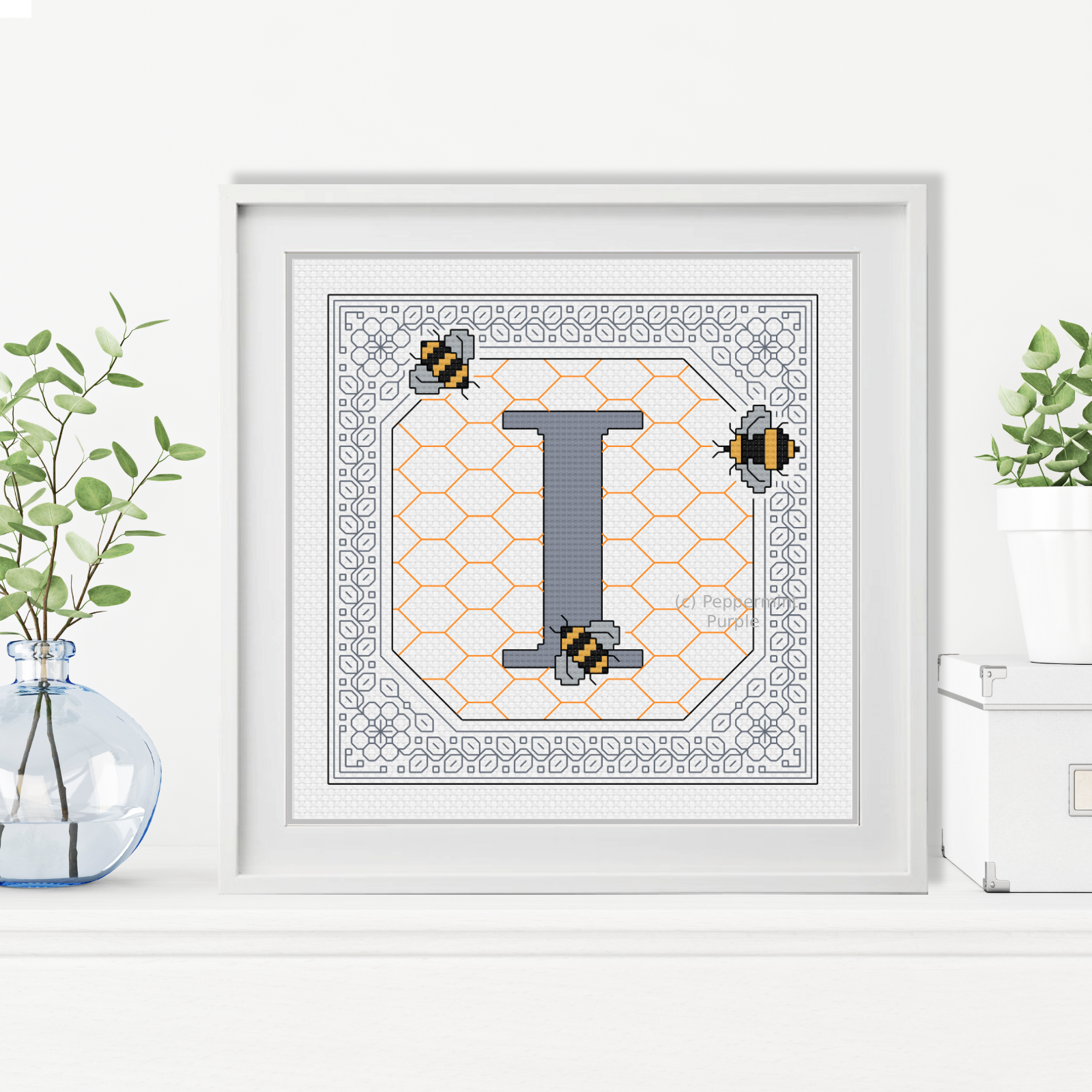 Bumble Bee Letters Blackwork Pattern by Peppermint Purple
