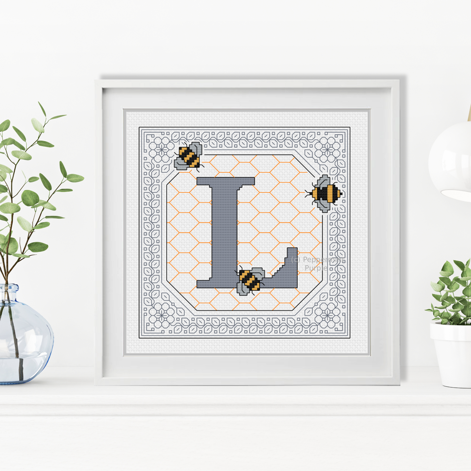 Bumble Bee Letters Blackwork Pattern by Peppermint Purple