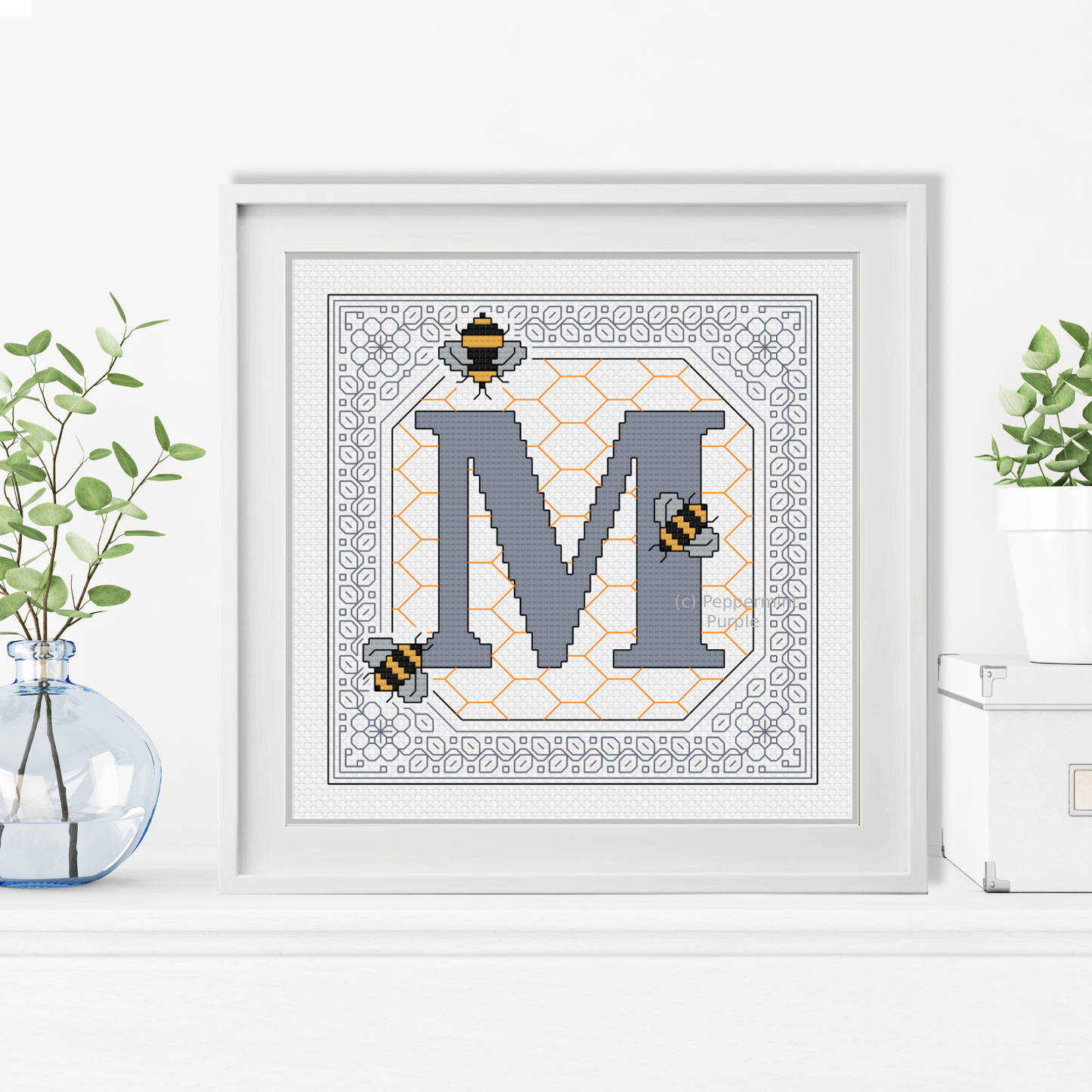 Bumble Bee Letters Blackwork Pattern by Peppermint Purple