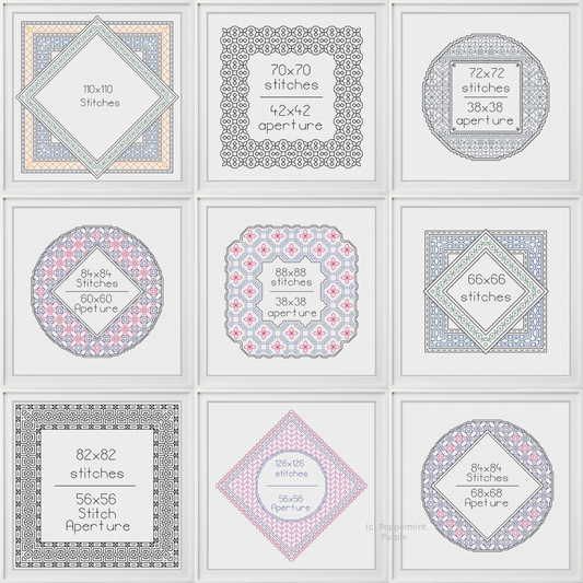 10 Frame Set & 4 Backstitch Fonts Blackwork Pattern by Peppermint Purple