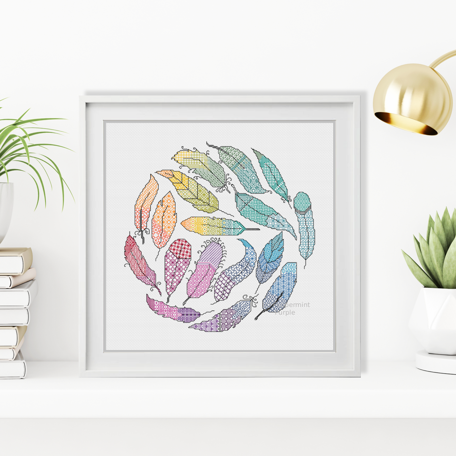 Rainbow Feathers Blackwork Pattern by Peppermint Purple