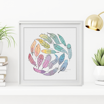 Rainbow Feathers Blackwork Pattern by Peppermint Purple