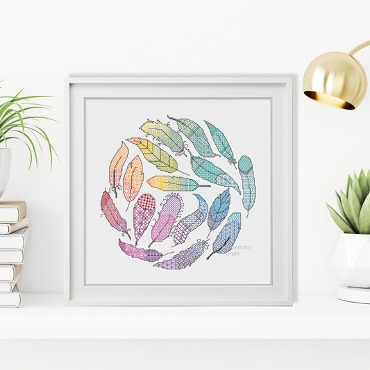 Rainbow Feathers Blackwork Pattern by Peppermint Purple
