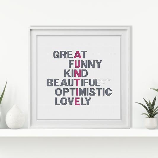 Auntie Acrostic Cross Stitch Pattern by Peppermint Purple