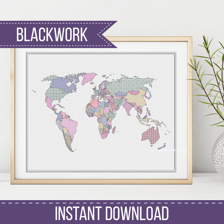 World Map - both Blackwork & Cross Stitch Versions Blackwork Pattern by Peppermint Purple