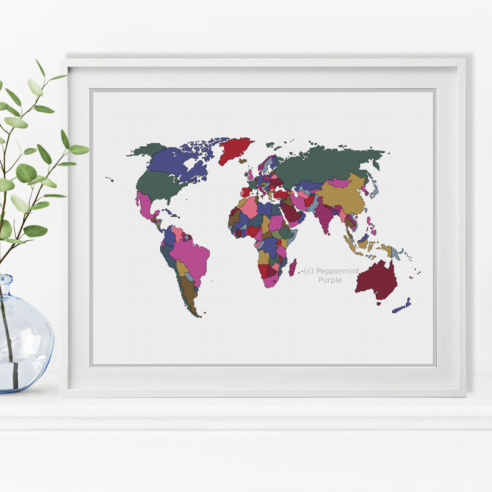 World Map - both Blackwork & Cross Stitch Versions Blackwork Pattern by Peppermint Purple