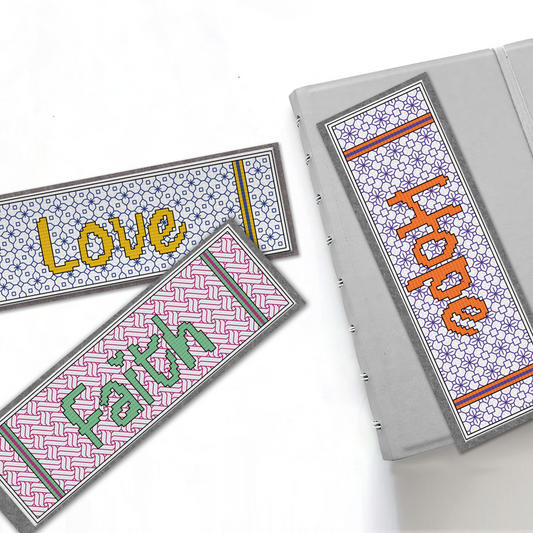 Faith, Love, Hope Bookmarks Blackwork Pattern by Peppermint Purple