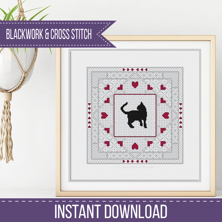 Blackwork Cat Pattern Blackwork Pattern by Peppermint Purple