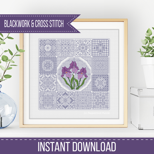 Dutch Tiles - Iris Blackwork Pattern by Peppermint Purple