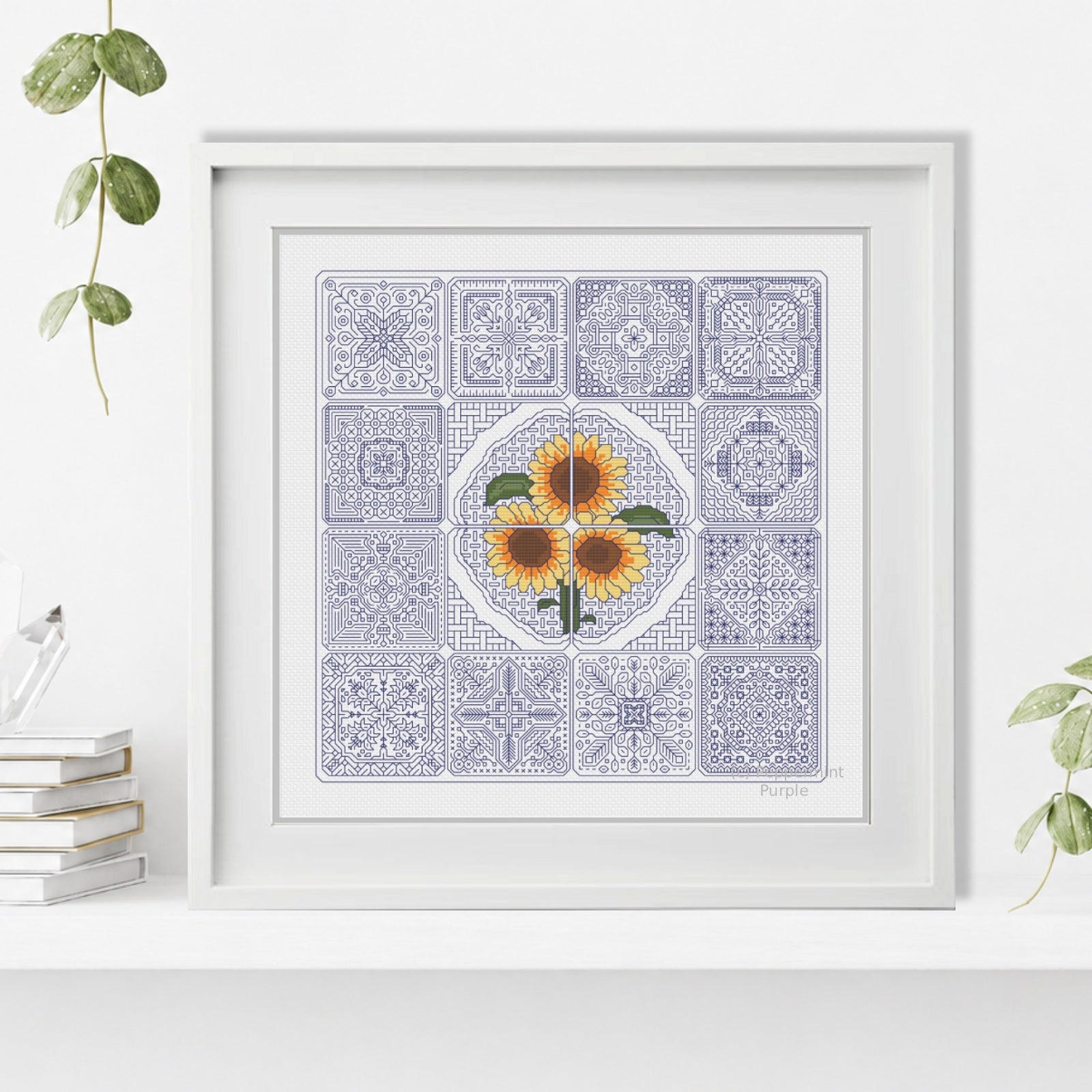 Dutch Tiles - Sunflower Blackwork Pattern by Peppermint Purple