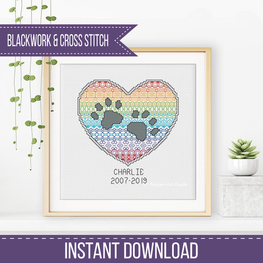 Paws on my Heart Blackwork Pattern by Peppermint Purple