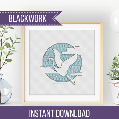 Set of 3 Cranes Blackwork Pattern by Peppermint Purple