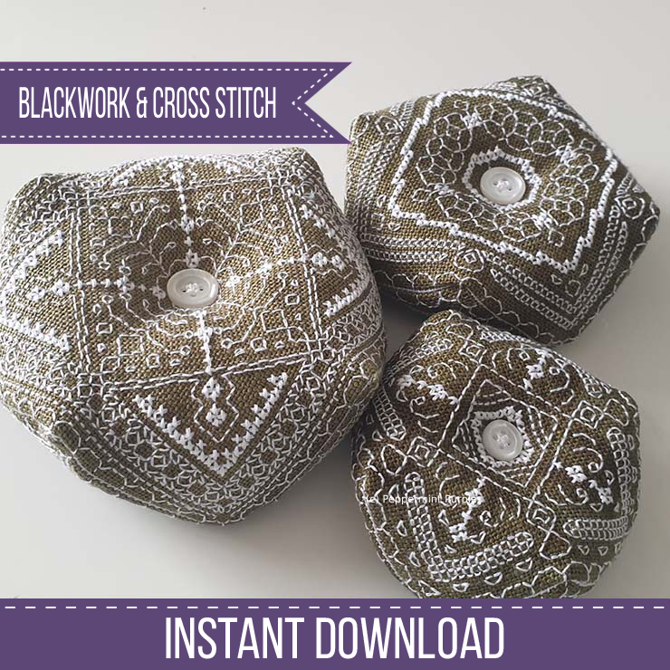 Stackable Tree Biscornu Set Blackwork Pattern by Peppermint Purple