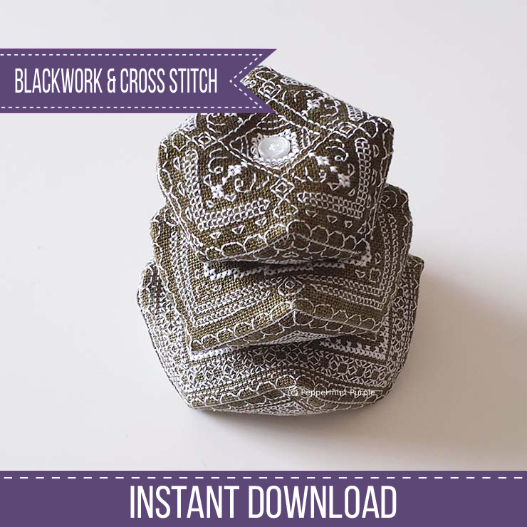 Stackable Tree Biscornu Set Blackwork Pattern by Peppermint Purple