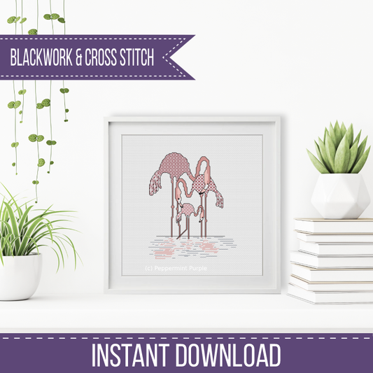 Flamingo Blackwork - Family of 3 Blackwork Pattern by Peppermint Purple