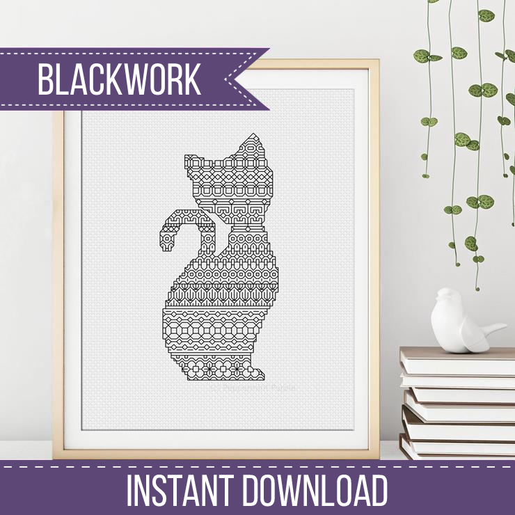 Cat Silhouette Blackwork Pattern by Peppermint Purple