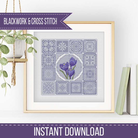 Dutch Tiles - Crocus Blackwork Pattern by Peppermint Purple