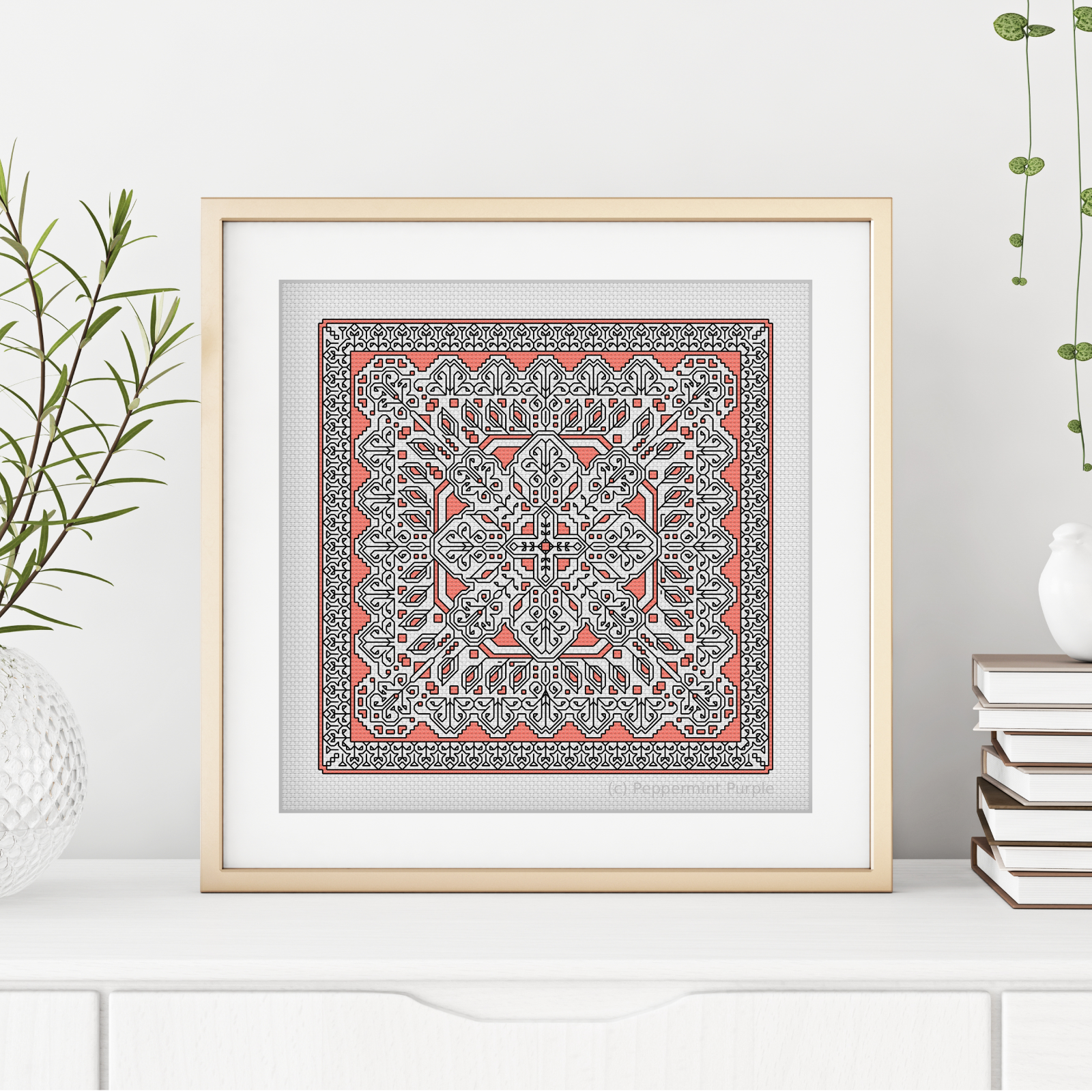 Hints of Coral Blackwork Pattern by Peppermint Purple