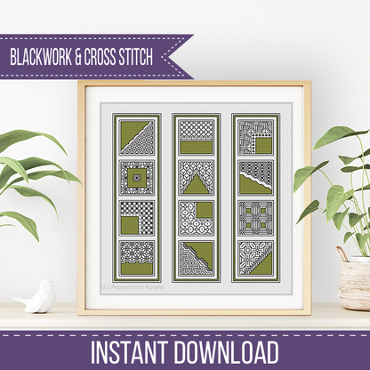 Moss Green Bookmarks Blackwork Pattern by Peppermint Purple
