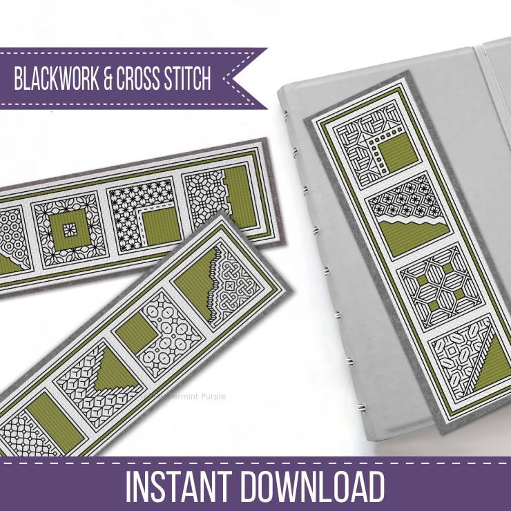 Moss Green Bookmarks Blackwork Pattern by Peppermint Purple