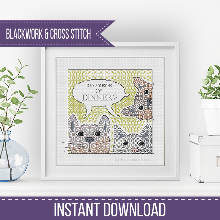 Dinner for Cats Blackwork Pattern by Peppermint Purple