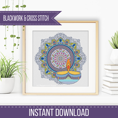 Diwali - Rangoli and Diya Blackwork Pattern by Peppermint Purple