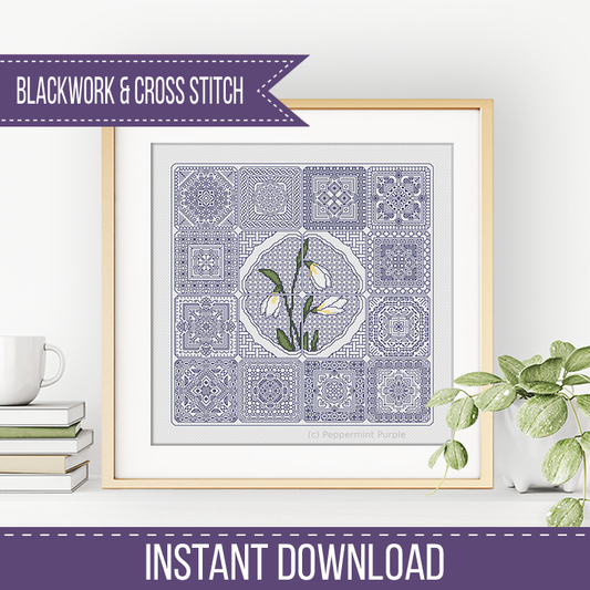 Dutch Tiles - SnowDrops Blackwork Pattern by Peppermint Purple