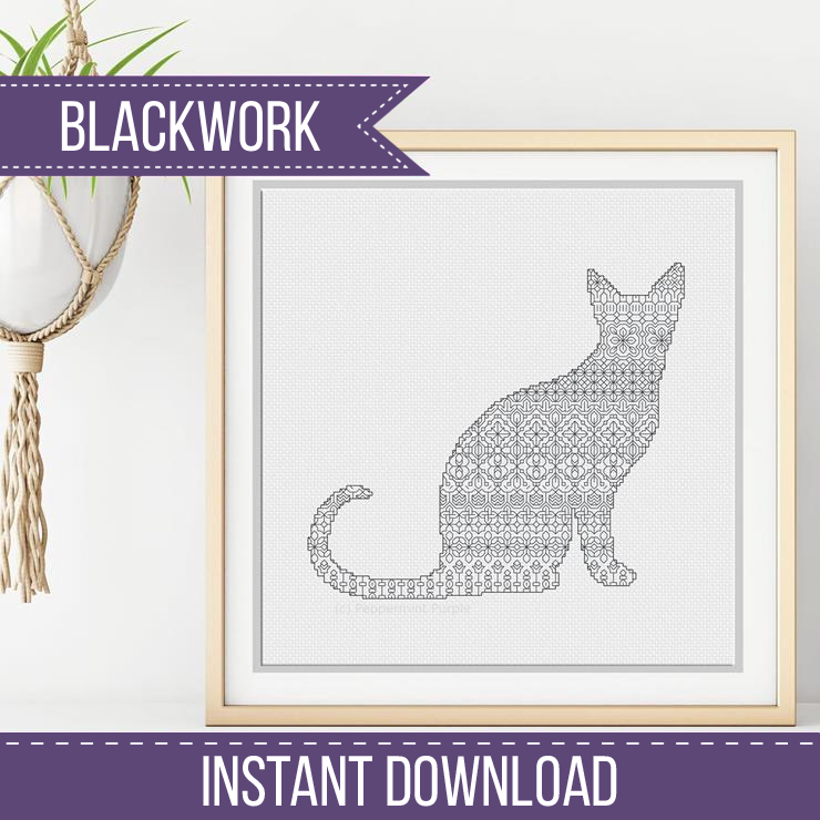 Blackwork Cat Blackwork Pattern by Peppermint Purple