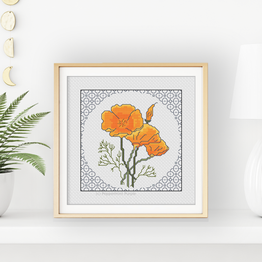 Centre Stage - Californian Poppies Blackwork Pattern by Peppermint Purple