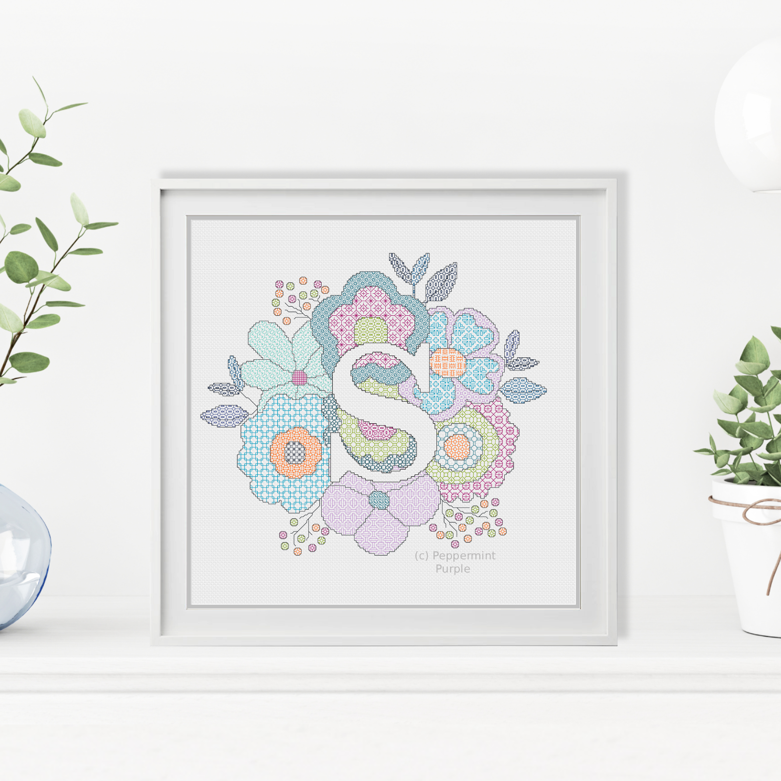 Floral Letters Blackwork Pattern by Peppermint Purple
