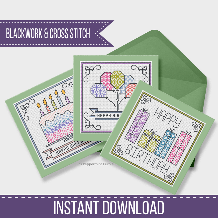 Pastel Birthday Card Set Blackwork Pattern by Peppermint Purple