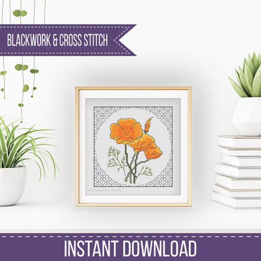Centre Stage - Californian Poppies Blackwork Pattern by Peppermint Purple