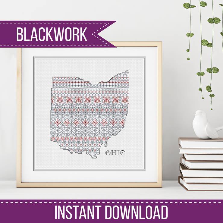 Ohio - red Grey Blackwork - Blackwork Patterns & Cross Stitch by Peppermint Purple