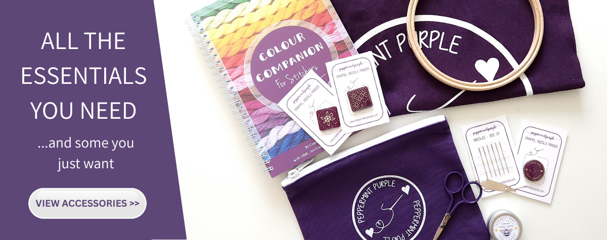 an image showing all the essential items needed for blackwork embroidery and cross stitch