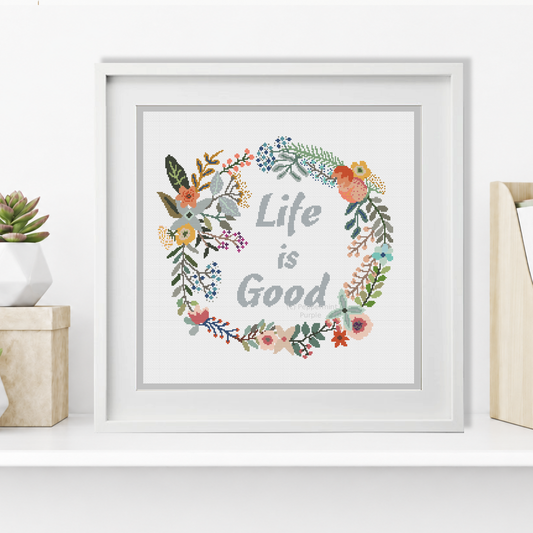 Life is Good Wreath Cross Stitch Pattern by Peppermint Purple