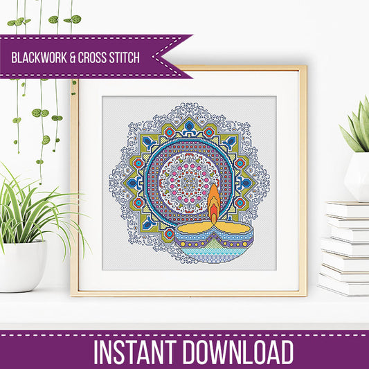 Diwali - Rangoli and Diya - Blackwork Patterns & Cross Stitch by Peppermint Purple